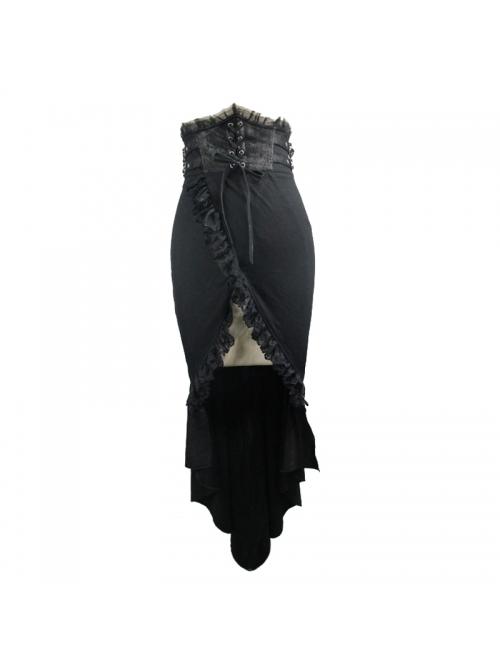 Tight-Fitting Waist Hasp Lace-Up Short Front Long Back Black Punk Half Split Skirt