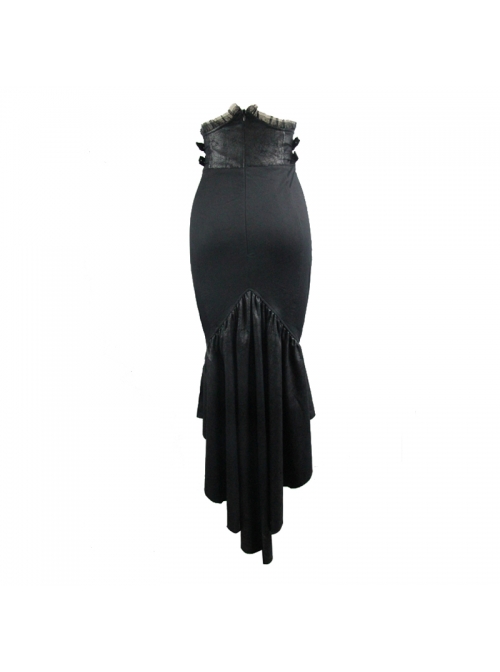 Tight-Fitting Waist Hasp Lace-Up Short Front Long Back Black Punk Half Split Skirt