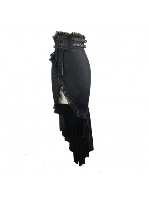 Tight-Fitting Waist Hasp Lace-Up Short Front Long Back Black Punk Half Split Skirt