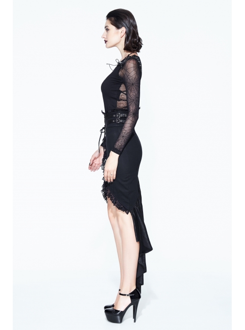 Tight-Fitting Waist Hasp Lace-Up Short Front Long Back Black Punk Half Split Skirt