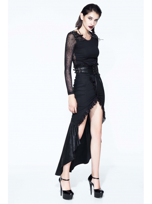 Tight-Fitting Waist Hasp Lace-Up Short Front Long Back Black Punk Half Split Skirt