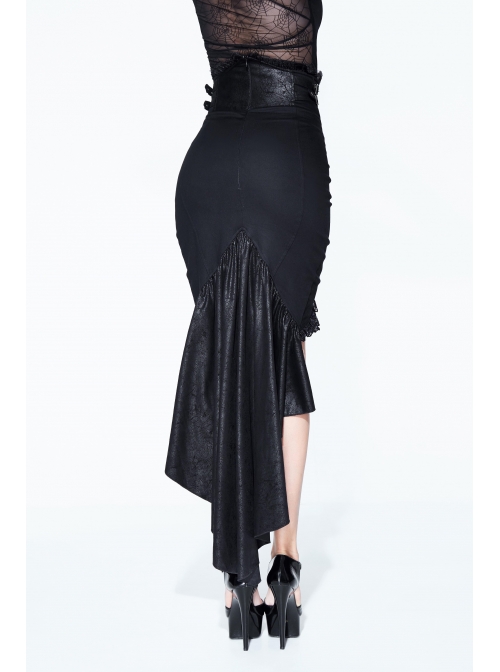 Tight-Fitting Waist Hasp Lace-Up Short Front Long Back Black Punk Half Split Skirt