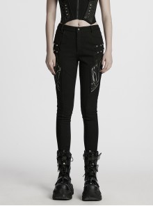 Cool Black 3D Vinyl Patch Personalized Rivet Decoration Unique Splicing Design Cyberpunk Style Slim Pants
