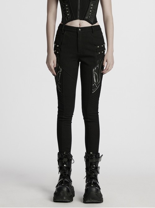 Cool Black 3D Vinyl Patch Personalized Rivet Decoration Unique Splicing Design Cyberpunk Style Slim Pants