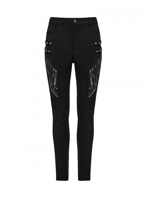 Cool Black 3D Vinyl Patch Personalized Rivet Decoration Unique Splicing Design Cyberpunk Style Slim Pants