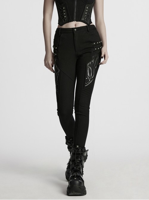 Cool Black 3D Vinyl Patch Personalized Rivet Decoration Unique Splicing Design Cyberpunk Style Slim Pants