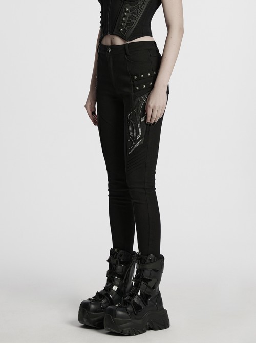 Cool Black 3D Vinyl Patch Personalized Rivet Decoration Unique Splicing Design Cyberpunk Style Slim Pants