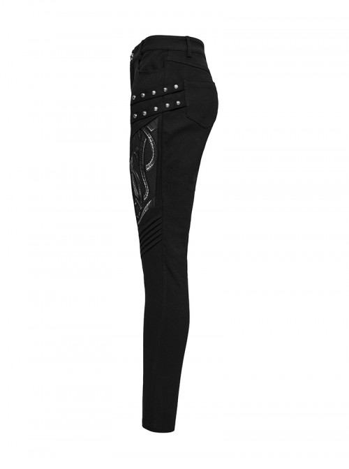 Cool Black 3D Vinyl Patch Personalized Rivet Decoration Unique Splicing Design Cyberpunk Style Slim Pants