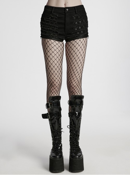 Personalized Black Distressed Denim Unique Metal Eyelet Decoration Decadent Punk Style Shorts