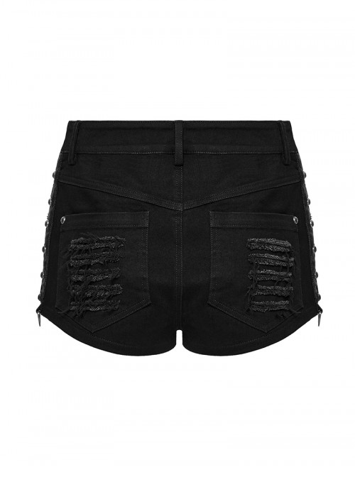 Personalized Black Distressed Denim Unique Metal Eyelet Decoration Decadent Punk Style Shorts
