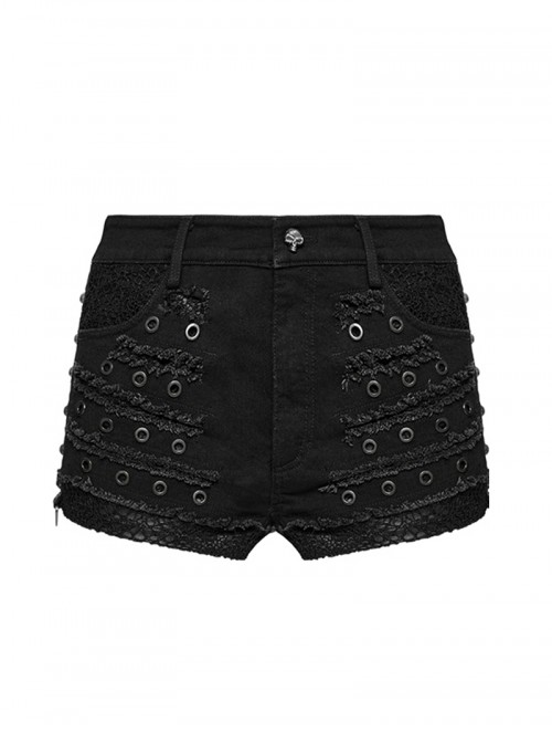 Personalized Black Distressed Denim Unique Metal Eyelet Decoration Decadent Punk Style Shorts