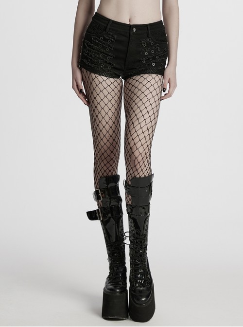 Personalized Black Distressed Denim Unique Metal Eyelet Decoration Decadent Punk Style Shorts