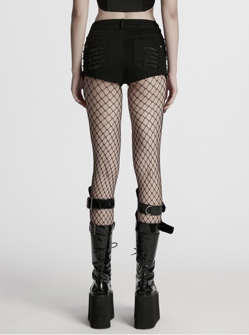 Personalized Black Distressed Denim Unique Metal Eyelet Decoration Decadent Punk Style Shorts