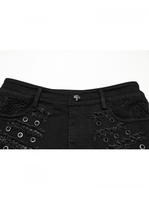 Personalized Black Distressed Denim Unique Metal Eyelet Decoration Decadent Punk Style Shorts