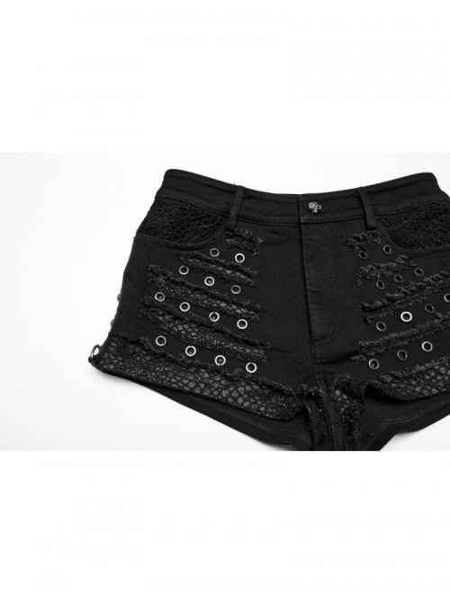 Personalized Black Distressed Denim Unique Metal Eyelet Decoration Decadent Punk Style Shorts