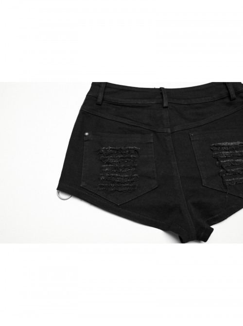 Personalized Black Distressed Denim Unique Metal Eyelet Decoration Decadent Punk Style Shorts