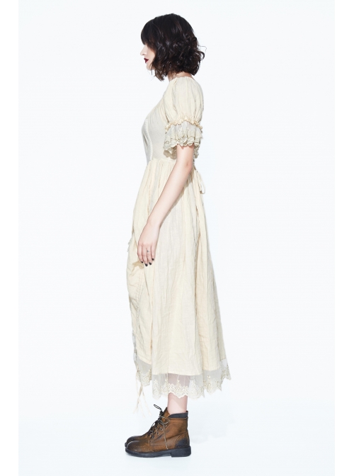 Creamy White Coarse Yarn Lace Cuff Hem Drawstring Vintage Punk Dress