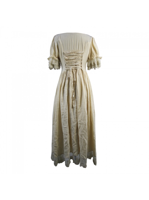 Creamy White Coarse Yarn Lace Cuff Hem Drawstring Vintage Punk Dress