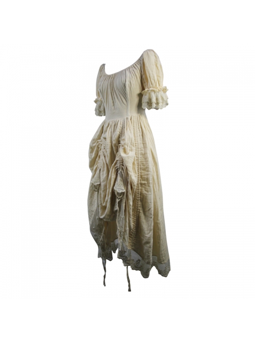 Creamy White Coarse Yarn Lace Cuff Hem Drawstring Vintage Punk Dress
