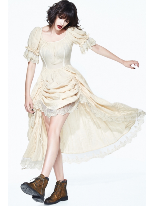 Creamy White Coarse Yarn Lace Cuff Hem Drawstring Vintage Punk Dress