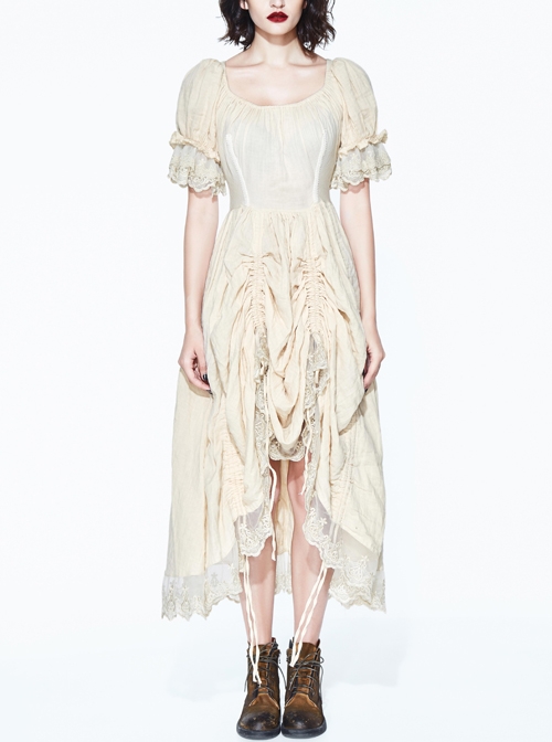 Creamy White Coarse Yarn Lace Cuff Hem Drawstring Vintage Punk Dress