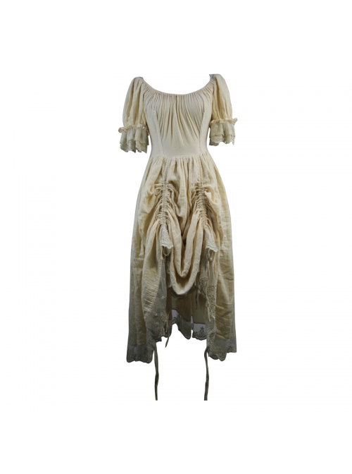 Creamy White Coarse Yarn Lace Cuff Hem Drawstring Vintage Punk Dress