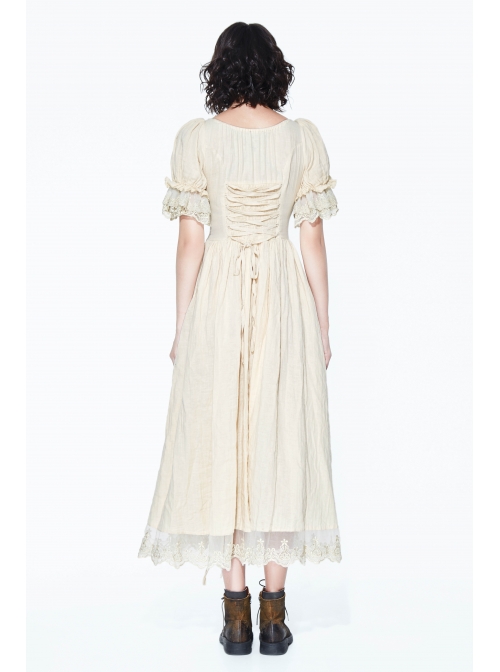 Creamy White Coarse Yarn Lace Cuff Hem Drawstring Vintage Punk Dress