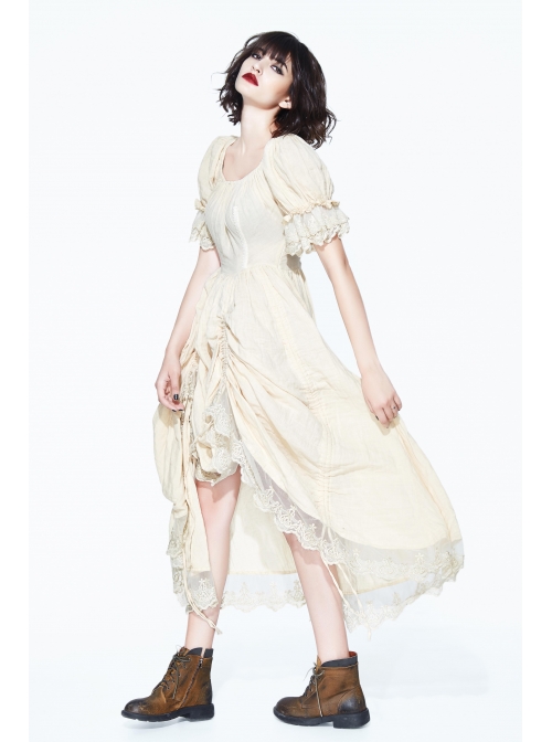 Creamy White Coarse Yarn Lace Cuff Hem Drawstring Vintage Punk Dress