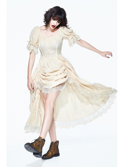 Creamy White Coarse Yarn Lace Cuff Hem Drawstring Vintage Punk Dress