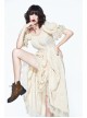 Creamy White Coarse Yarn Lace Cuff Hem Drawstring Vintage Punk Dress