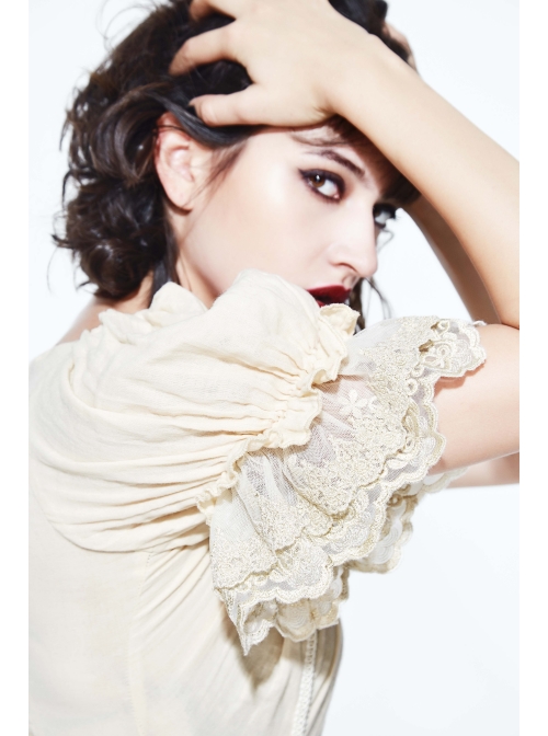 Creamy White Coarse Yarn Lace Cuff Hem Drawstring Vintage Punk Dress