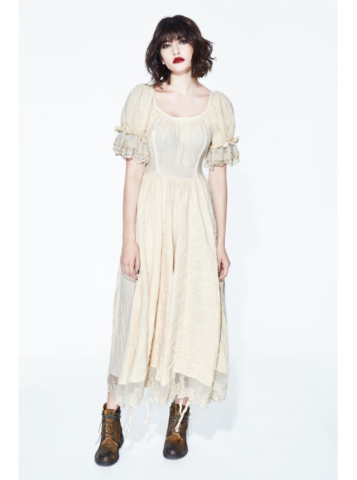 Creamy White Coarse Yarn Lace Cuff Hem Drawstring Vintage Punk Dress