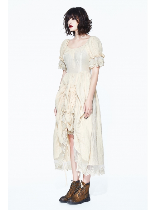 Creamy White Coarse Yarn Lace Cuff Hem Drawstring Vintage Punk Dress