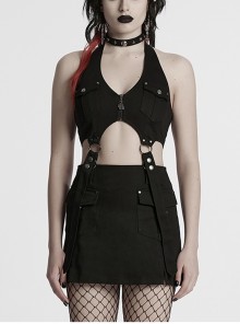 Personality Simple Black Sexy Halter Neck Backless Cool Metal Rivet Buckle Decoration Punk Style Dress