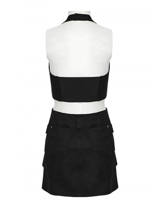 Personality Simple Black Sexy Halter Neck Backless Cool Metal Rivet Buckle Decoration Punk Style Dress