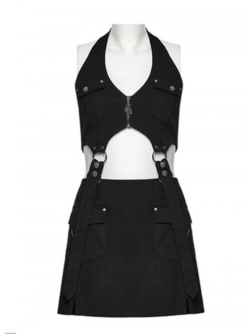 Personality Simple Black Sexy Halter Neck Backless Cool Metal Rivet Buckle Decoration Punk Style Dress
