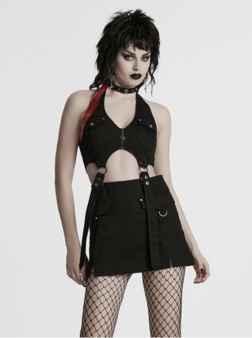Personality Simple Black Sexy Halter Neck Backless Cool Metal Rivet Buckle Decoration Punk Style Dress