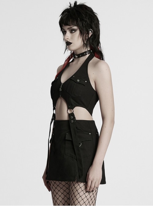 Personality Simple Black Sexy Halter Neck Backless Cool Metal Rivet Buckle Decoration Punk Style Dress