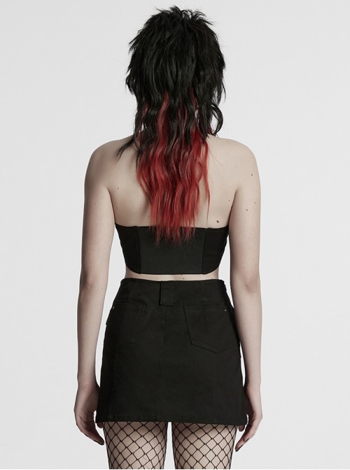 Personality Simple Black Sexy Halter Neck Backless Cool Metal Rivet Buckle Decoration Punk Style Dress