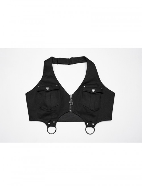 Personality Simple Black Sexy Halter Neck Backless Cool Metal Rivet Buckle Decoration Punk Style Dress