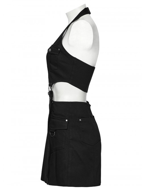 Personality Simple Black Sexy Halter Neck Backless Cool Metal Rivet Buckle Decoration Punk Style Dress