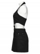Personality Simple Black Sexy Halter Neck Backless Cool Metal Rivet Buckle Decoration Punk Style Dress