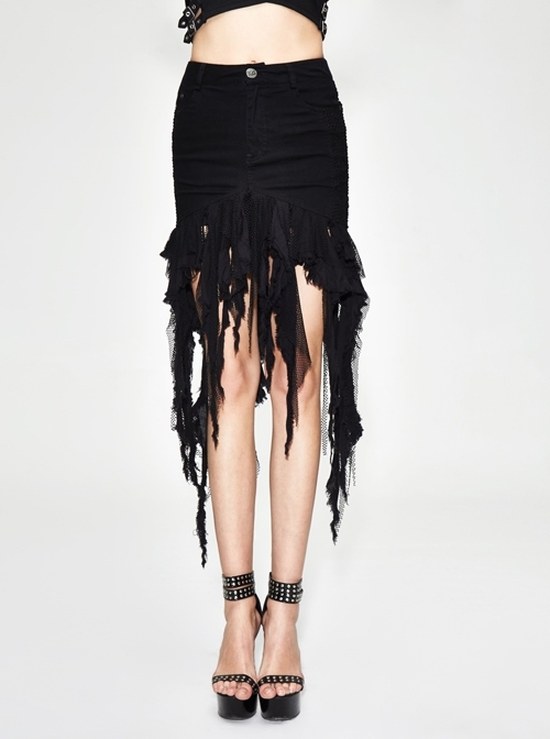 Irregular Mesh Strip Rough Selvedge Hem Black Punk Package Hip Half Skirt
