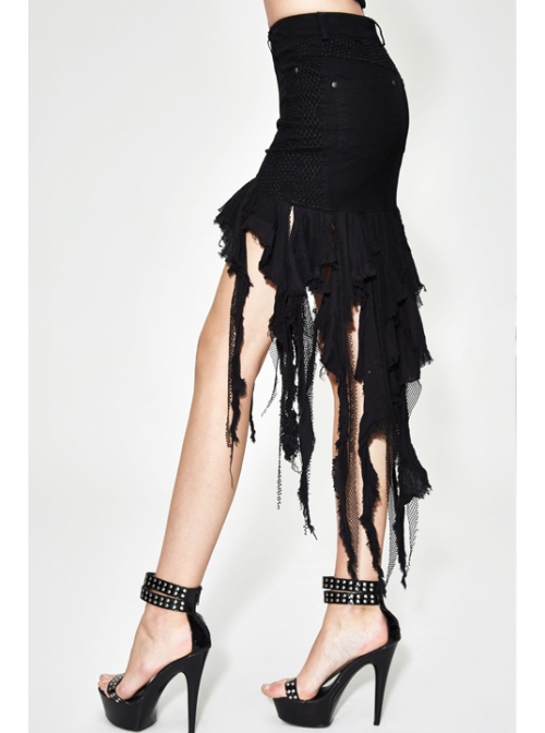 Irregular Mesh Strip Rough Selvedge Hem Black Punk Package Hip Half Skirt