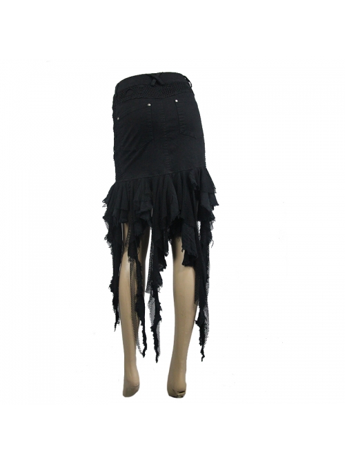 Irregular Mesh Strip Rough Selvedge Hem Black Punk Package Hip Half Skirt