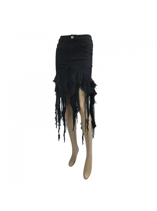 Irregular Mesh Strip Rough Selvedge Hem Black Punk Package Hip Half Skirt