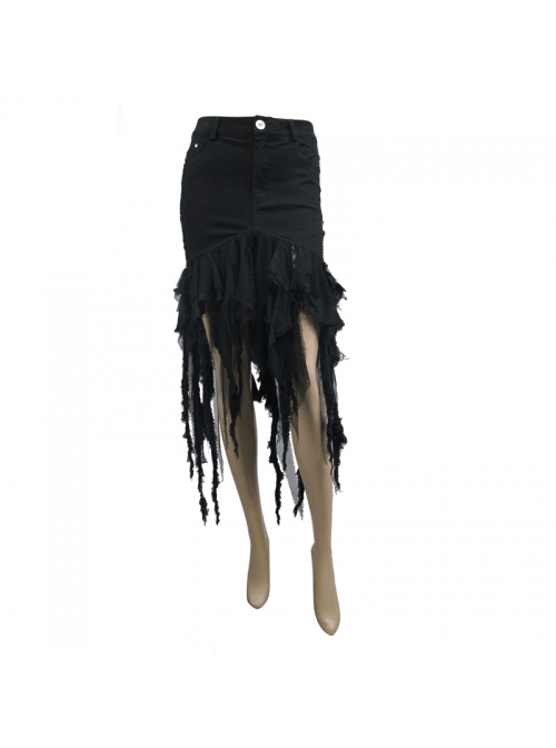 Irregular Mesh Strip Rough Selvedge Hem Black Punk Package Hip Half Skirt