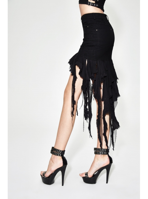 Irregular Mesh Strip Rough Selvedge Hem Black Punk Package Hip Half Skirt