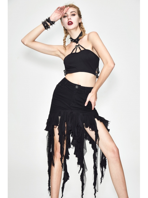 Irregular Mesh Strip Rough Selvedge Hem Black Punk Package Hip Half Skirt