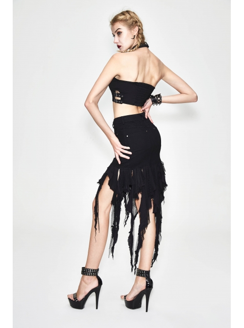 Irregular Mesh Strip Rough Selvedge Hem Black Punk Package Hip Half Skirt